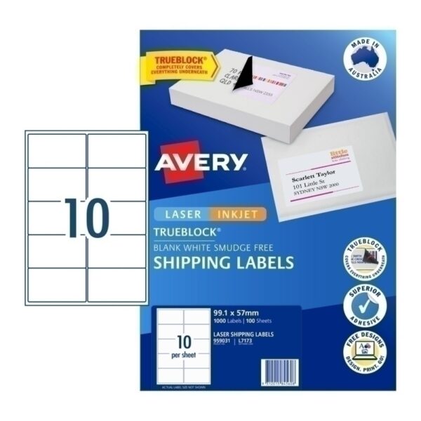 AVERY 959031 L7173 TRUEBLOCK SHIPPING LABEL LASER 10UP WHITE PACK 100