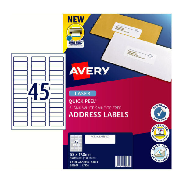 Avery Laser Label Address QP L7156 58x17.8 45Up Pk100