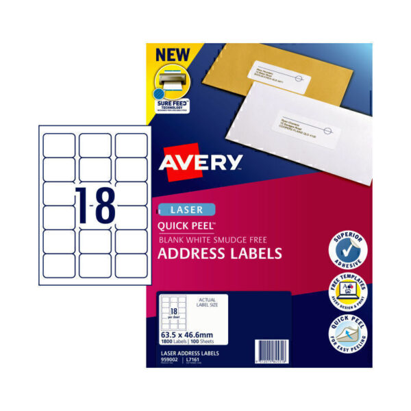 Avery Laser Label Quick Peel L7161 63.5x46.6mm 18Up Pk100