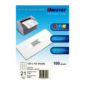 UNISTAT 38941 MULTI-PURPOSE LABEL 21UP 63.5 X 38MM WHITE PACK 100