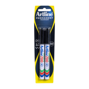 Artline 700 Permanent Marker 0.7mm Bullet Blk Pk2 Ideal for all types of permanent marking , from porous surfaces such as cardboard and wood, to non-Porous surfaces such as steel and glass Features Instant drying alcohol based ink Low odour Ink is xylene free and rohs compliant Slim aluminium barrel Bullet nib with a 0.7mm line width For fine line general purpose marking