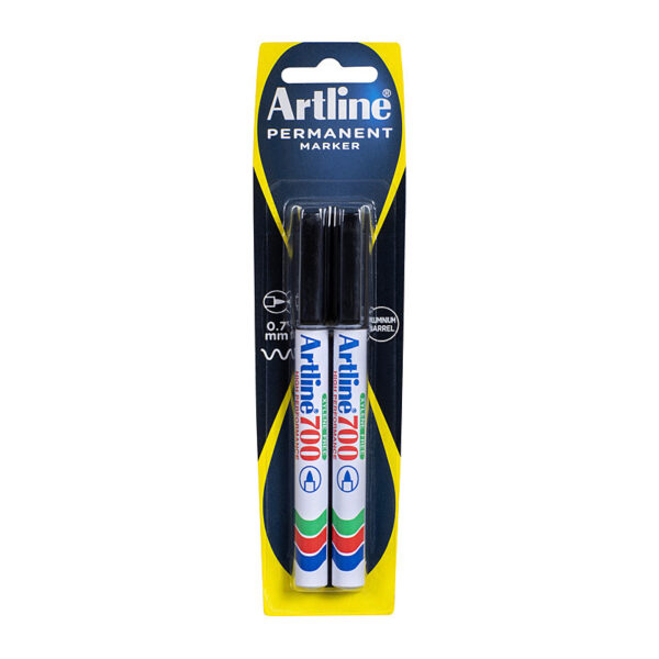 Artline 700 Permanent Marker 0.7mm Bullet Blk Pk2 Ideal for all types of permanent marking , from porous surfaces such as cardboard and wood, to non-Porous surfaces such as steel and glass Features Instant drying alcohol based ink Low odour Ink is xylene free and rohs compliant Slim aluminium barrel Bullet nib with a 0.7mm line width For fine line general purpose marking