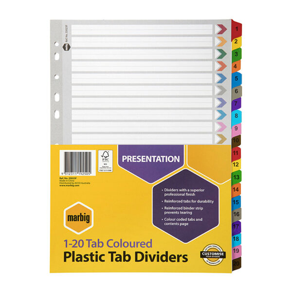 Marbig Indices & Dividers 1-20 Tab Reinf A4 Colour